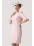 Mother of the Bride Dress Elegant Jewel Neck Knee Length Stretch Satin Half Sleeve with Appliques