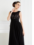 A-Line Mother of the Bride Dress Scoop Neck Floor Length Chiffon Lace Sleeveless with Lace