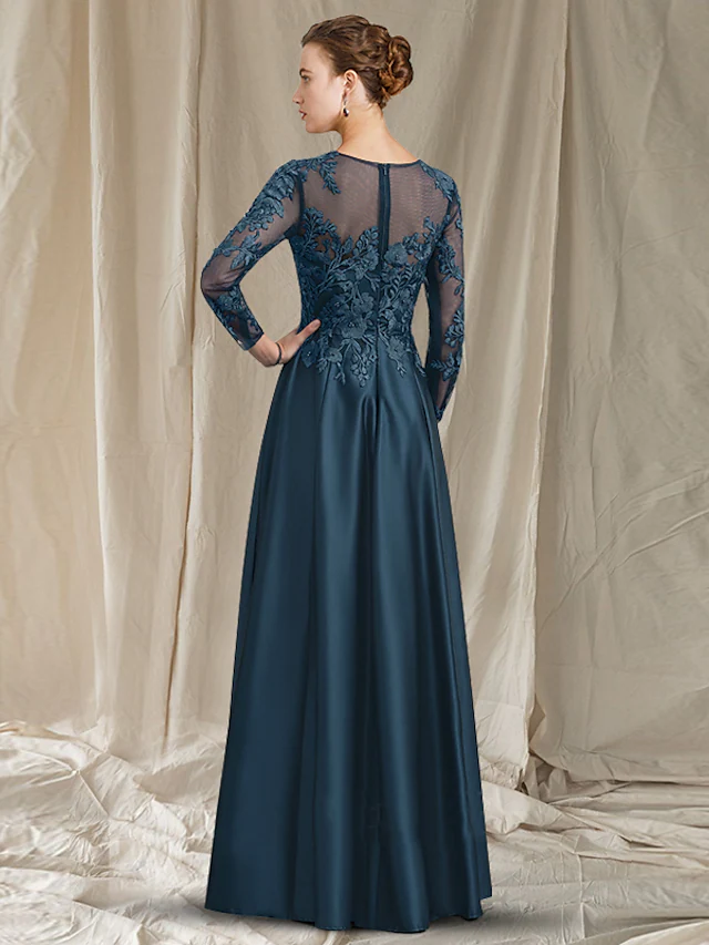 A-Line Mother of the Bride Dress Elegant Jewel Neck Tea Length Lace Sa ...