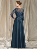 A-Line Mother of the Bride Dress Elegant Jewel Neck Tea Length Lace Satin Half Sleeve with Pleats Appliques