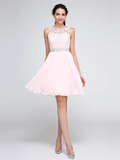 A-Line Hot Graduation Cocktail Party Dress Illusion Neck Sleeveless Short  Mini Chiffon Corded Lace with Crystals