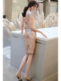 Hot Sparkle Party Wear Prom Valentine's Day Dress V Neck Sleeveless Knee Length Satin Sequined with Sequin Tassel