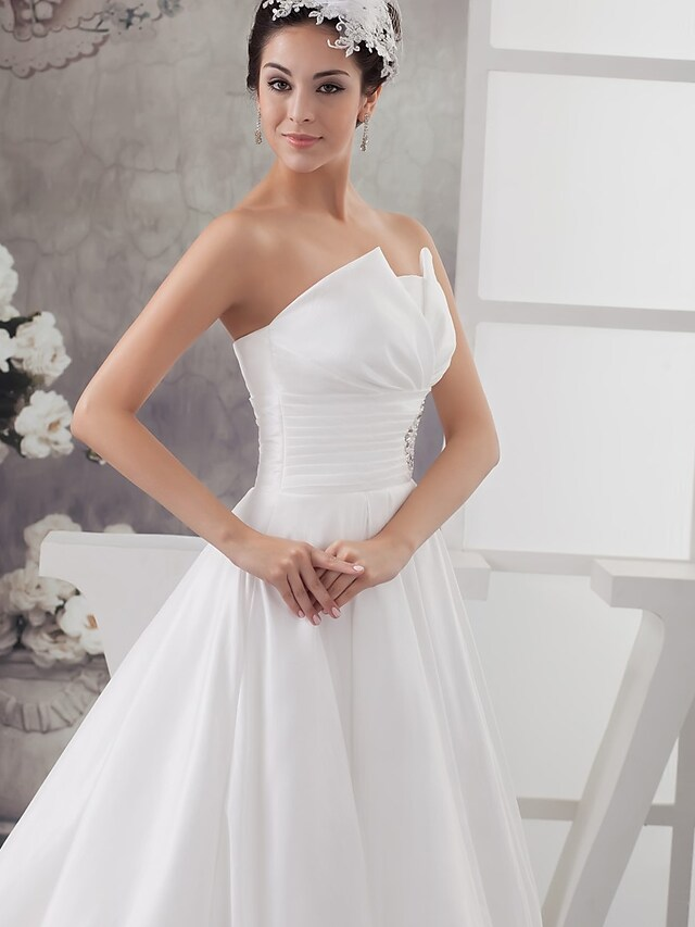 A-Line Wedding Dresses Strapless Chapel Train Satin Strapless with Ruched Beading Draping
