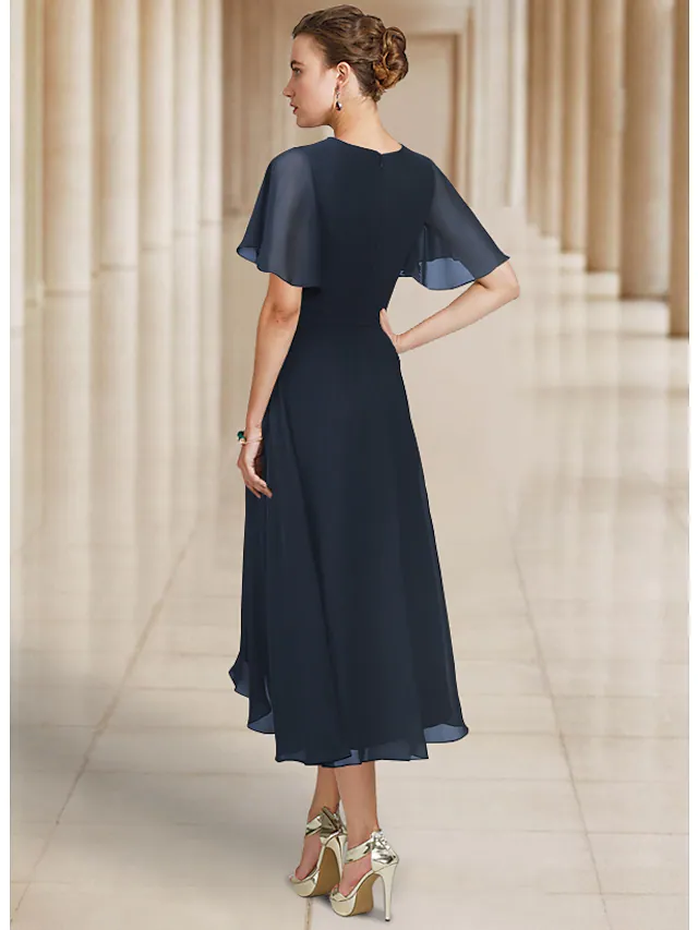 A-Line Mother of the Bride Dress Elegant Jewel Neck Asymmetrical Chiffon Short Sleeve with Bow(s) Pleats