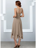 A-Line Mother of the Bride Dress Elegant Jewel Neck Tea Length Chiffon Lace Half Sleeve with Pleats