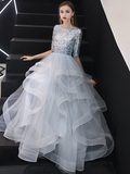 A-Line Jewel Neck Floor Length Tulle Bridesmaid Dress with Sequin