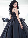 Ball Gown Wedding Dresses Sweetheart Neckline Court Train Lace Satin Spaghetti Strap Black with Draping Appliques