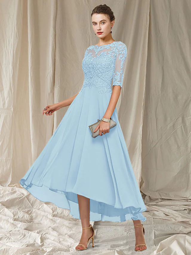 A-Line Mother of the Bride Dress Elegant Jewel Neck Asymmetrical Ankle Length Chiffon Lace Half Sleeve with Pleats Appliques