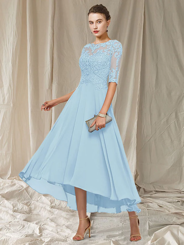 Beach Wedding A-Line Mother of the Bride Dress Elegant Jewel Neck Knee Length Lace Stretch Chiffon Half Sleeve with Lace Ruching 2025 free custom size main image 0
