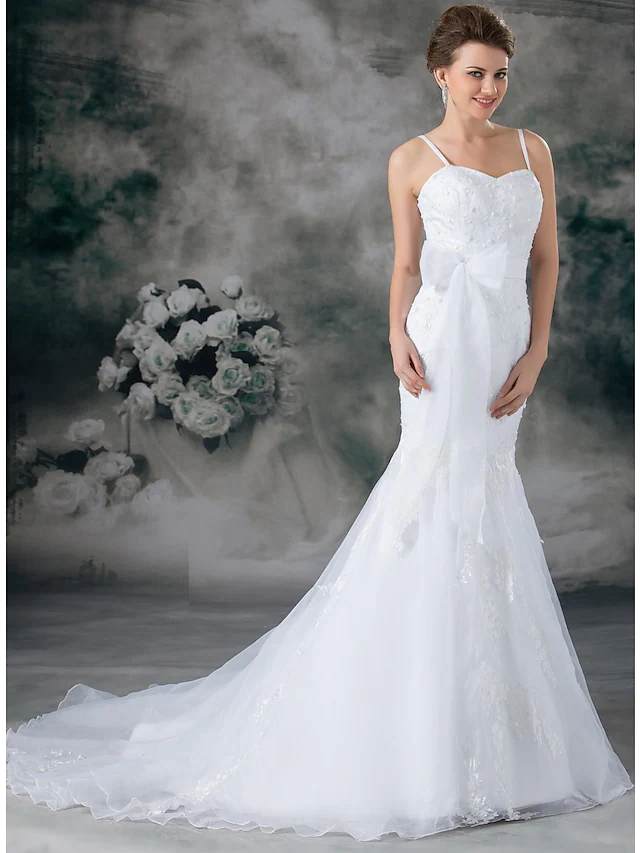 Wedding Dresses Sweetheart Neckline Chapel Train Lace Organza Satin Spaghetti Strap with Sashes  Ribbons Bow(s) Beading