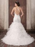 Wedding Dresses Sweetheart Neckline Court Train Lace Organza Satin Spaghetti Strap Sexy Illusion Detail Backless with Beading Appliques Cascading Ruffles