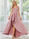 A-Line Wedding Guest Dresses Casual Dress Party Wear Asymmetrical Sleeveless V Neck Satin with Ruffles Pure Color