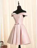 A-Line Minimalist Elegant Engagement Cocktail Party Dress Off Shoulder Sleeveless Short / Mini Satin with Bow(s) Lace Insert