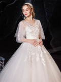 Princess Ball Gown Wedding Dresses V Neck Floor Length Lace Tulle Half Sleeve Formal Romantic with Appliques
