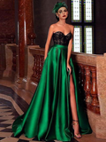 A-Line Sexy Floral Engagement Formal Evening Dress Sweetheart Neckline Sleeveless Court Train Lace Satin with Split Lace Insert