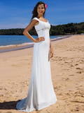 Wedding Dresses Scoop Neck Chiffon Cap Sleeve Beach Plus Size with Beading Draping Button