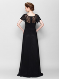 A-Line Mother of the Bride Dress See Through Bateau Neck Floor Length Chiffon Short Sleeve with Beading