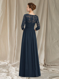 A-Line Mother of the Bride Dress Elegant Jewel Neck Floor Length Chiffon Lace  Length Sleeve with Pleats Appliques