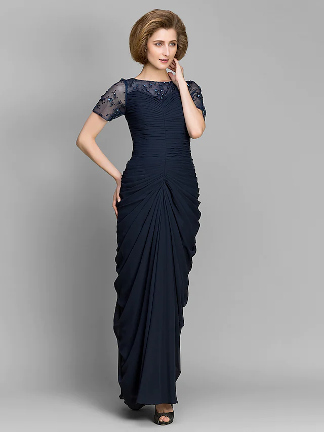 Mother of the Bride Dress Elegant Bateau Neck Floor Length Chiffon Short Sleeve with Ruched Beading