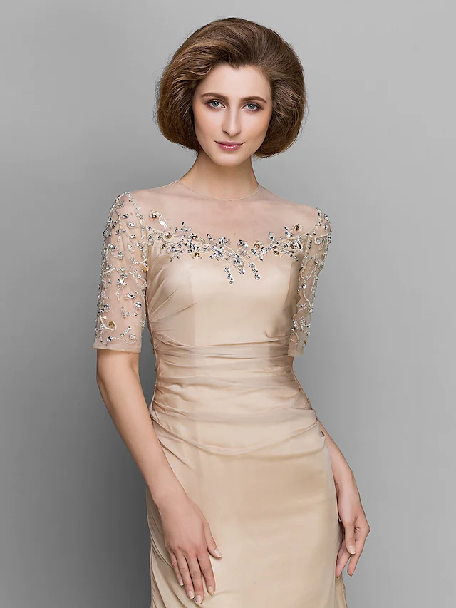 A-Line Mother of the Bride Dress Vintage Inspired Jewel Neck Ankle Length Chiffon Half Sleeve with Ruched Beading