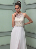 Wedding Dresses Jewel Neck Floor Length Chiffon Lace Regular Straps See-Through with Sash  Ribbon Beading Split