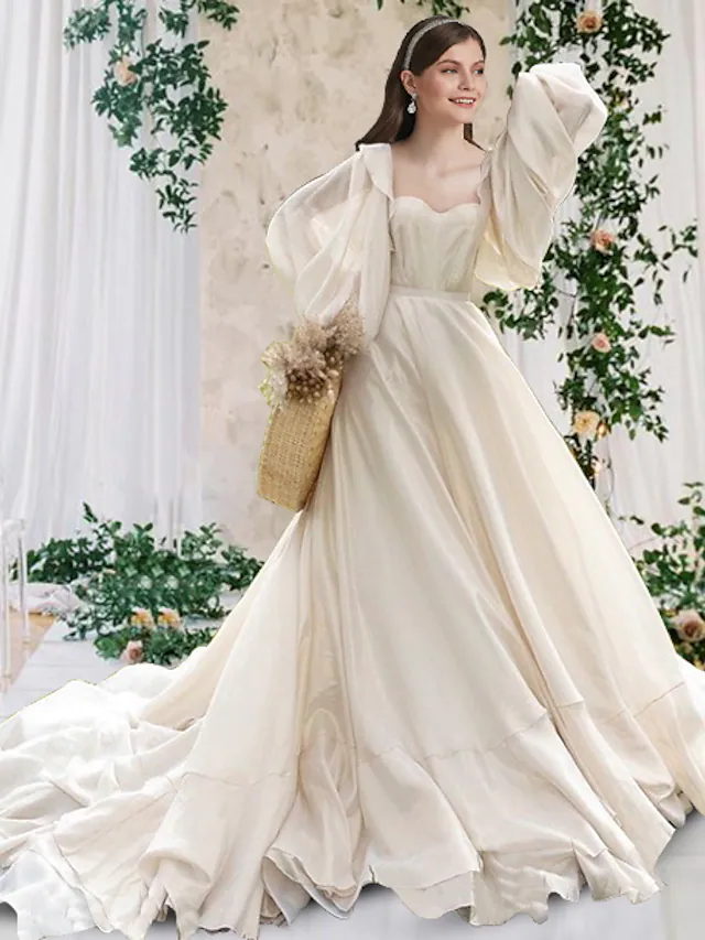 A-Line Wedding Dresses Scoop Neck Chapel Train Chiffon Long Sleeve Formal Simple Luxurious with Pleats