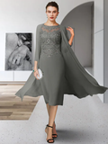 Mother of the Bride Dress Elegant Jewel Neck Tea Length Chiffon Lace Sleeveless with Appliques