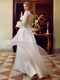 A-Line Wedding Dresses V Neck  Lace Tulle Long Sleeve See-Through with Appliques