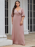 A-Line V Neck Floor Length Satin  Stretch Satin Bridesmaid Dress with Ruching