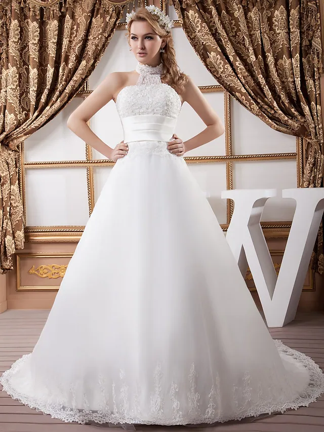 Chic A-line Long Sleeves Court Train Lace Satin Wedding Dresses Pockets