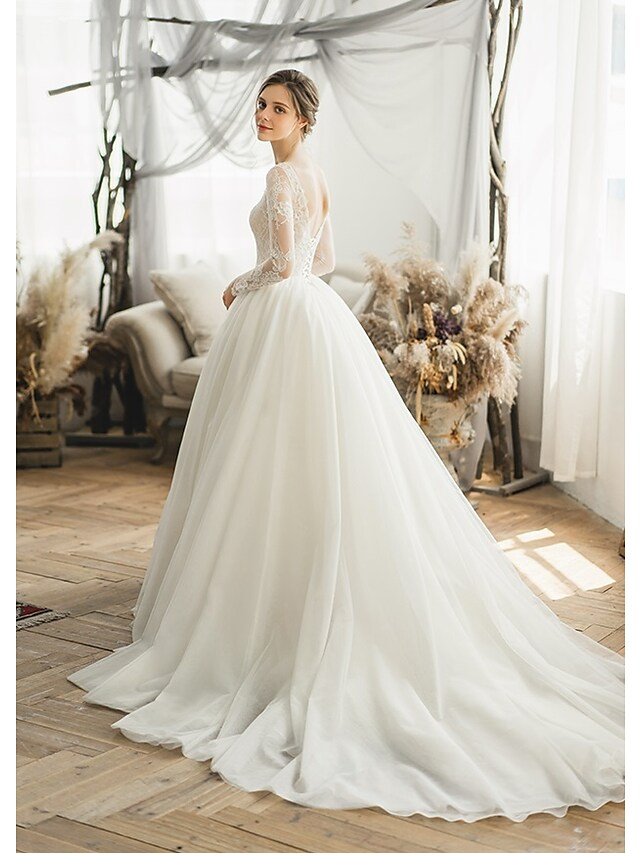 Ball Gown Wedding Dresses V Neck Chapel Train Tulle Long Sleeve Formal with Pleats Appliques