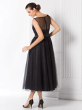 A-Line Vintage Wedding Guest Black Cocktail Party Dress Illusion Neck Sleeveless Tea Length Tulle with Pattern Print