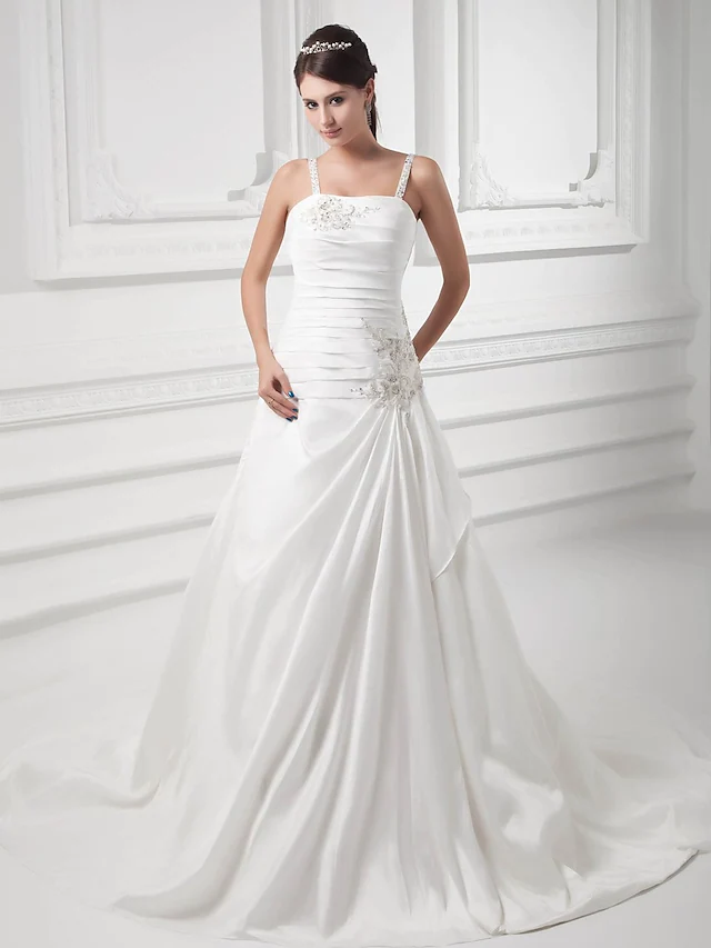 A-Line Wedding Dresses Square Neck Court Train Satin Taffeta Spaghetti Strap with Ruched Beading Draping