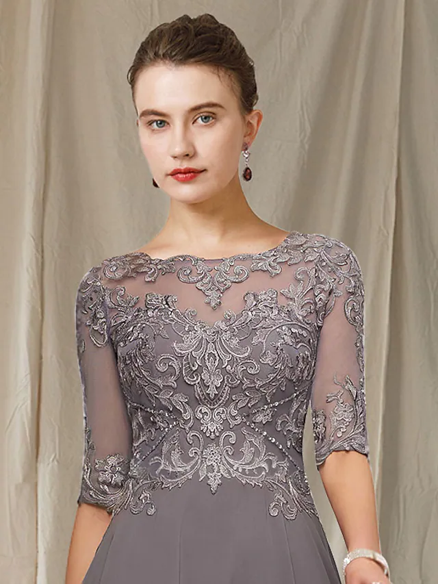 A-Line Mother of the Bride Dress Elegant Jewel Neck Asymmetrical Ankle ...