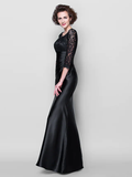 Mother of the Bride Dress See Through Jewel Neck Floor Length Stretch Satin Lace Over Satin  Length Sleeve with Lace Ruched Side Draping