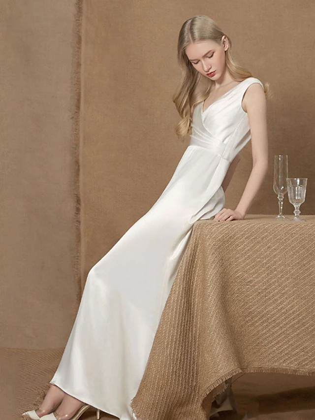 A-Line Wedding Dresses V Neck  Charmeuse Sleeveless Simple Vintage with Ruched