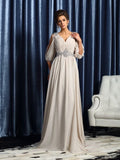 A-Line Princess V-neck Beading  Sleeves Long Chiffon Mother of the Bride Dresses