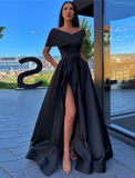 A-Line Prom Dresses Little Black Dress Dress Formal Floor Length Short Sleeve Off Shoulder Satin with Ruched Slit