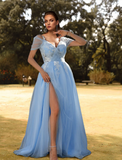 A-Line Prom Dresses Floral Dress Wedding Guest Sweep / Brush Train Short Sleeve V Neck Tulle with Slit Appliques