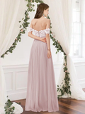 A-Line Off Shoulder Floor Length Chiffon  Lace Bridesmaid Dress with Pleats  Appliques