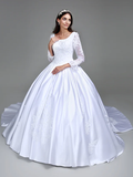 Ball Gown Wedding Dresses Scoop Neck  Satin Long Sleeve Simple Vintage See-Through with Beading Appliques
