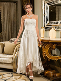 A-Line Wedding Dresses Strapless Asymmetrical Beaded Lace Strapless Vintage Illusion Detail with Appliques Button