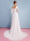 Wedding Dresses V Neck Court Train Chiffon Long Sleeve with Beading