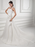 A-Line Wedding Dresses Square Neck Court Train Satin Taffeta Spaghetti Strap with Ruched Beading Draping