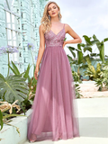 A-Line Spaghetti Strap Floor Length Tulle  Sequined Bridesmaid Dress with Tier
