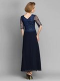 Mother of the Bride Dress See Through Jewel Neck Ankle Length Chiffon Half Sleeve with Lace Pleats