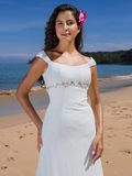 Wedding Dresses Scoop Neck Chiffon Cap Sleeve Beach Plus Size with Beading Draping Button