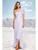 A-Line Evening Gown Floral Dress Formal Asymmetrical Sleeveless One Shoulder Chiffon with Ruched Ruffles