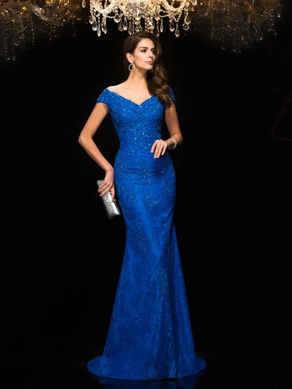 Long Lace Mother of the Bride Dresses Blue