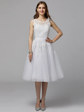 A-Line Elegant Floral Homecoming Prom Dress Illusion Neck Sleeveless Tea Length Lace Satin with Beading Appliques